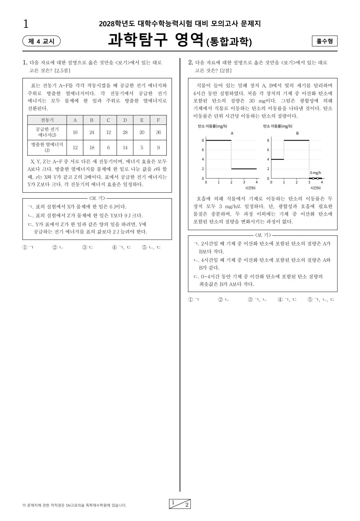 2028학년도 수능 대비 통합과학 1회차 일일 테스트 문제지 첫 페이지